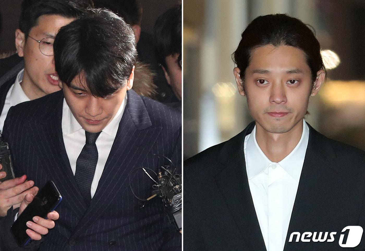 해외 투자자 성접대 의혹을 받고 있는 가수 승리(왼쪽)와 성관계 장면을 불법 촬영해 유포한 혐의를 받고 있는 가수 정준영이 15일 오전 서울 종로구 서울지방경찰청에서 피의자 신분 조사를 마친 후 귀가하고 있다. 2019.3.15/뉴스1 ⓒ News1 신웅수 기자, 이재명 기자