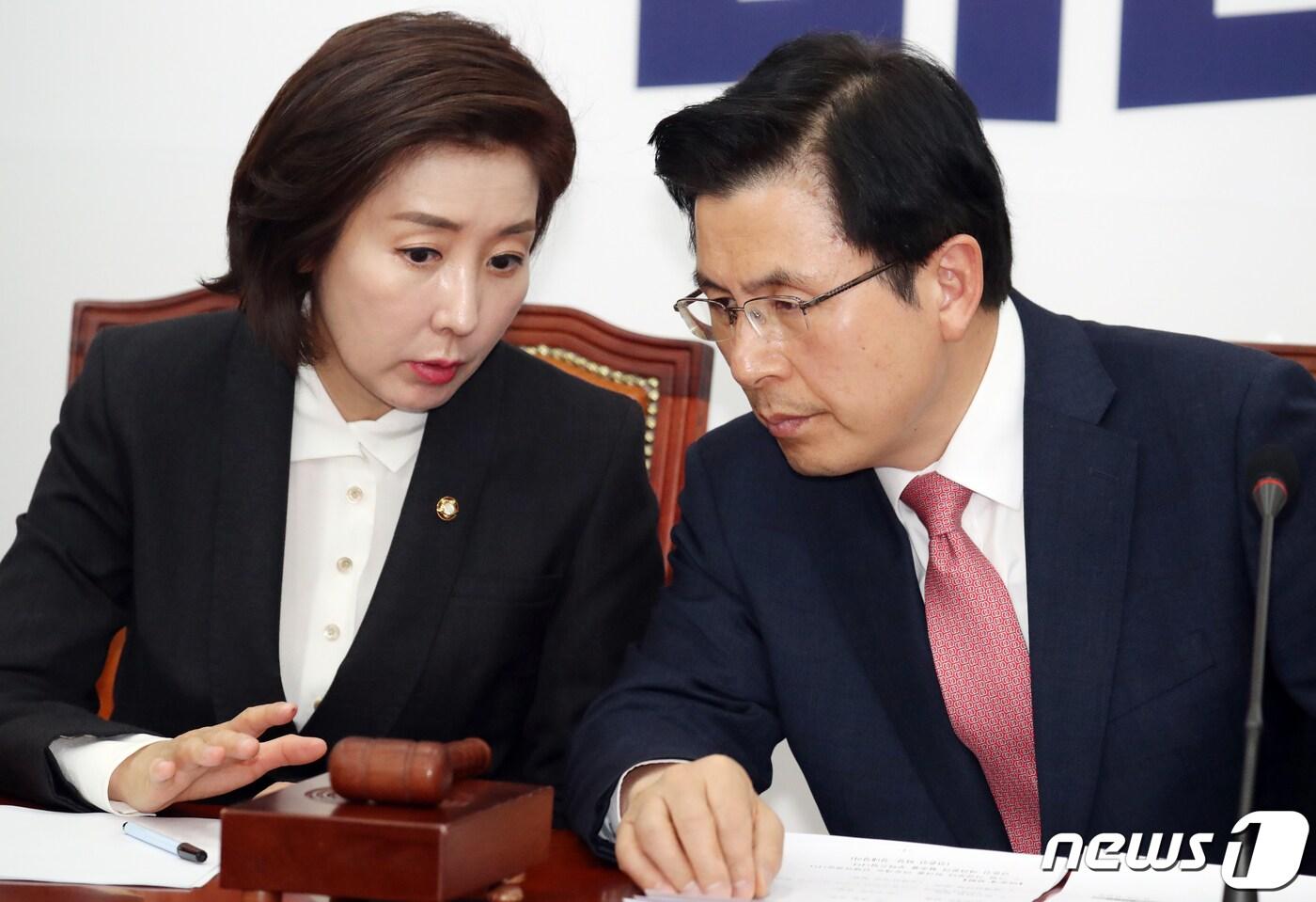 본문 이미지 - 황교안 자유한국당 대표와 나경원 원내대표가 28일 서울 여의도 국회에서 열린 최고위원회의에 대화를 하고 있다. 2019.3.28/뉴스1 ⓒ News1 김명섭 기자