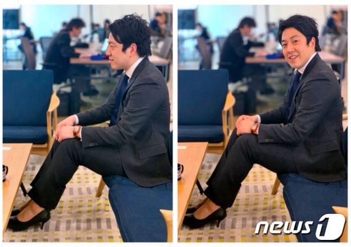 본문 이미지 - 일본 정보기술(IT) 기업 벨페이스의 남성 직원 니시지마 유조(西島悠蔵·31)가 8㎝짜리 굽이 달린 여성 펌프스를 신고 있다. <출처=아사히신문> ⓒ 뉴스1