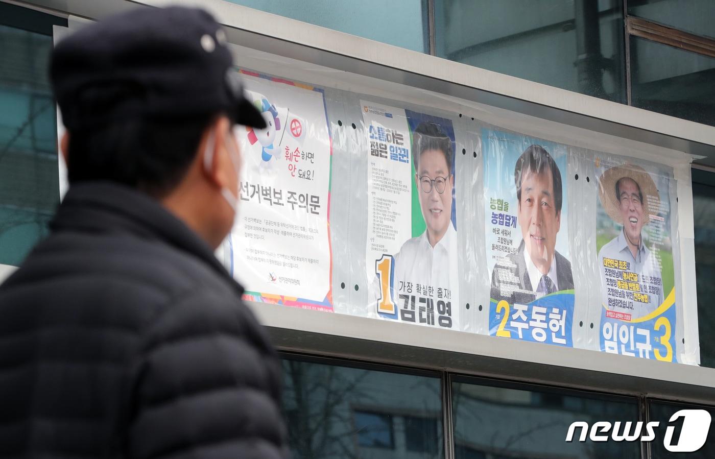 본문 이미지 - 제2회 전국동시조합장선거를 8일 앞둔 지난 5일 전북 전주시 전주농협에서 한 조합원이 벽에 붙은 후보자 벽보를 보고 있다.2019.3.5/뉴스1 ⓒ News1 문요한 기자
