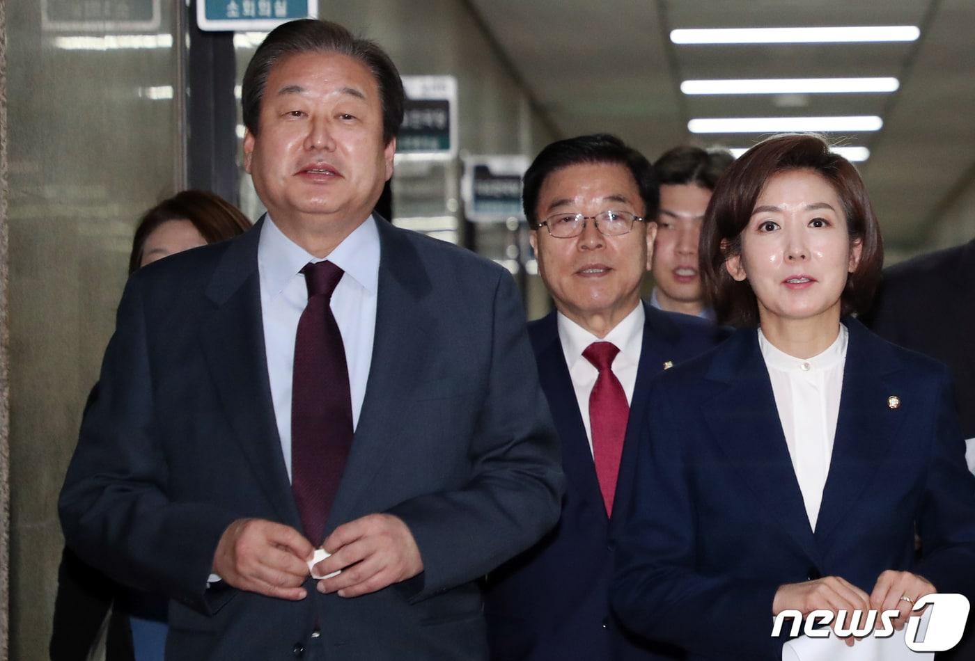 본문 이미지 - 나경원 자유한국당 원내대표와 김무성 의원이 6일 서울 여의도 국회에서 열린 북핵외교안보특위 및 방미단 연석회의에 참석하고 있다. 2019.3.6/뉴스1 ⓒ News1 김명섭 기자