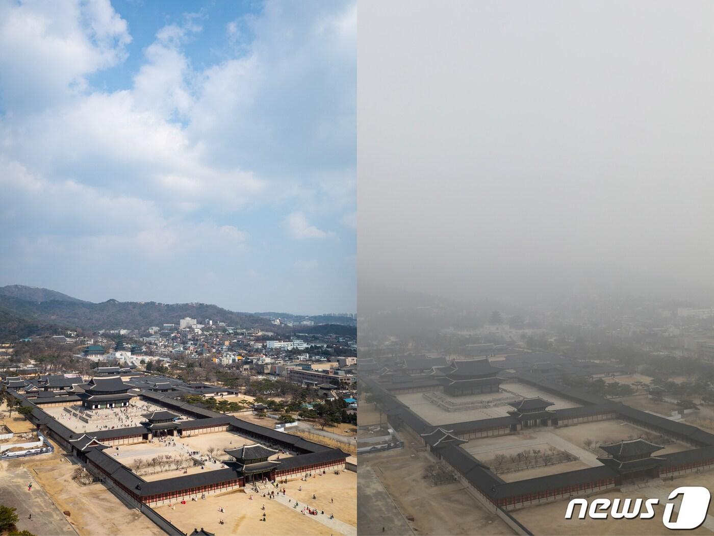 본문 이미지 - 수도권 미세먼지가 '보통'수준을 보인 7일 오후 서울 종로구 정부서울청사에서 바라본 경복궁 일대. 오른쪽은 지난 5일 미세먼지가 '매우나쁨' 수준을 보인 경복궁 일대 모습../뉴스1 ⓒ News1 유승관 기자,이광호 기자