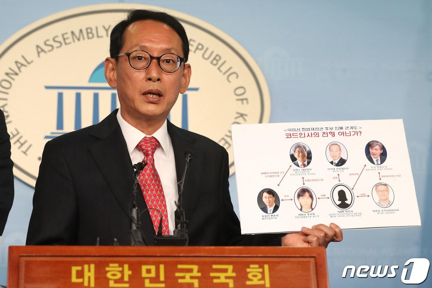 본문 이미지 - 김도읍 자유한국당 법제사법위원회 간사가 11일 오전 서울 여의도 국회 정론관에서 이미선 헌법재판소 재판관 후보자 관련 기자회견을 갖고 있다. 2019.4.11/뉴스1 ⓒ News1 임세영 기자