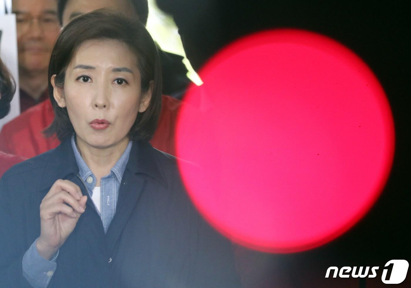 본문 이미지 - 나경원 자유한국당 원내대표가 28일 서울 여의도 국회 정치개혁특별위원회 회의장 앞에서 입장을 밝히고 있다. 나경원 원내대표는 '선거제 개정으로 여당이 정의당과 260석 차지해 입법부 무력화 시키려고 한다'고 말했다. 2019.4.28/뉴스 ⓒ News1 이종덕 기자
