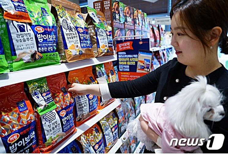 본문 이미지 - 한 소비자가 강아지를 안고 이마트 위례점에서 '밥이보약' 사료를 보고 있다. 사진 하림펫푸드 제공 ⓒ 뉴스1