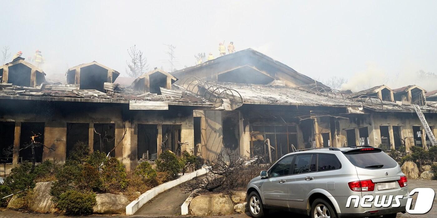 본문 이미지 - 5일 강원도 강릉시 옥계면에서 발생한 산불이 번진 동해시 망상오토캠핑장 일원 펜션에서 소방대원들이 진화작업을 벌이고 있다. 2019.4.5/뉴스1 ⓒ News1 서근영 기자