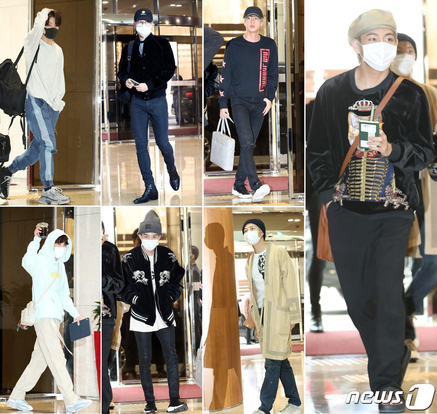 본문 이미지 - 방탄소년단(BTS)이 공연차 5일 오후 김포국제공항을 통해 태국으로 출국하고 있다. 왼쪽위부터 시계방향으로 정국, 지민, 진, 뷔, RM, 슈가, 제이홉. 2019.4.5/뉴스1 ⓒ News1 권현진 기자