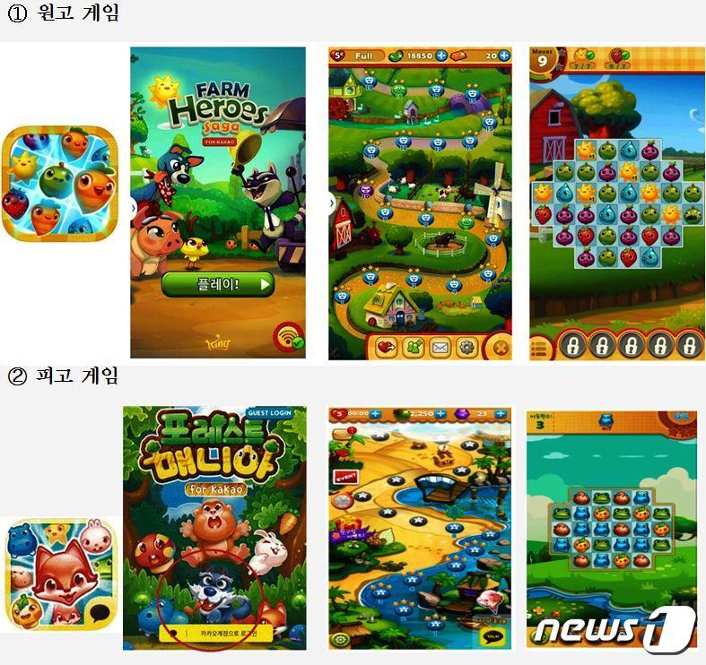 본문 이미지 - 킹닷컴이 출시한 모바일게임 '팜히어로 사가'(위)와 아보카도엔터테인먼트가 국내에 퍼블리싱한 '포레스트매니아'(대법원 제공). ⓒ 뉴스1