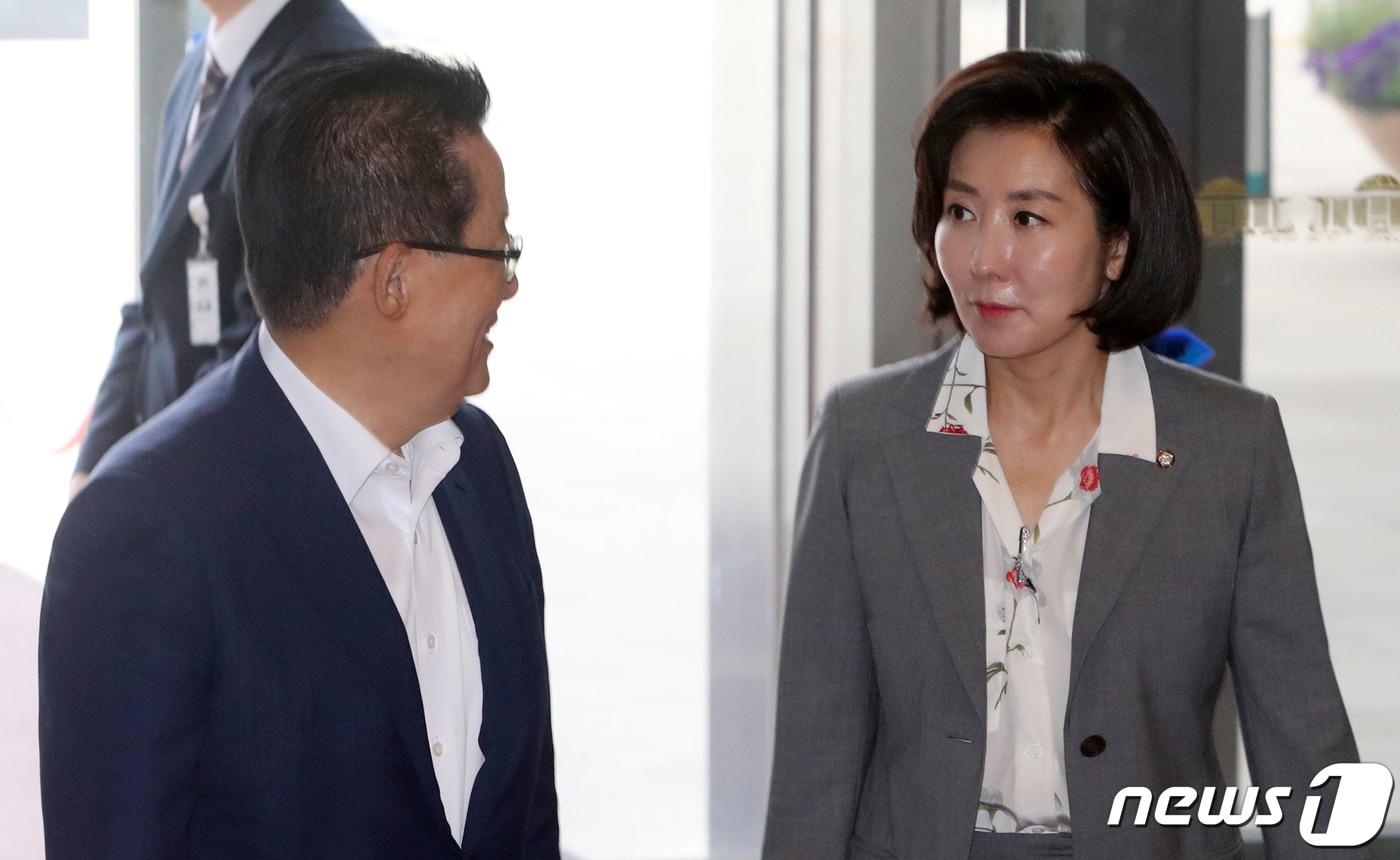본문 이미지 - 2019년 6월 19일 나경원 자유한국당 원내대표와 박지원 민주평화당 의원이 서울 여의도 국회 본청에 들어서며 이야기를 나누고 있다. 2019.6.19 ⓒ 뉴스1 이종덕 기자