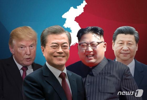 본문 이미지 - 도널드 트럼프 미국 대통령, 문재인 대통령, 김정은 북한 국무위원장, 시진핑 중국 국가주석.(왼쪽부터). 2019.06.24. ⓒ News1 김일환 디자이너