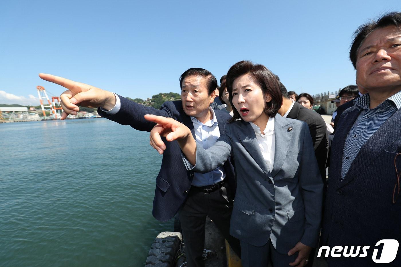 본문 이미지 - 나경원 자유한국당 원내대표를 비롯한 북한선박입항 은폐조작 진상조사단이 24일 강원도 삼척항을 찾아 북한선박 접안 현장을 확인하고 있다. 2019.6.24/뉴스1 ⓒ News1 고재교 기자
