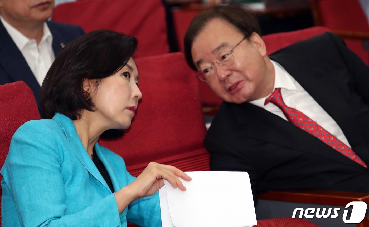 본문 이미지 - 나경원 자유한국당 원내대표가 24일 서울 여의도 국회 의원회관에서 열린 '사이버안보 이대로 좋은가' 정책토론회에서 강효상 의원과 대화를 하고 있다. 2019.6.25/뉴스1 ⓒ News1 김명섭 기자