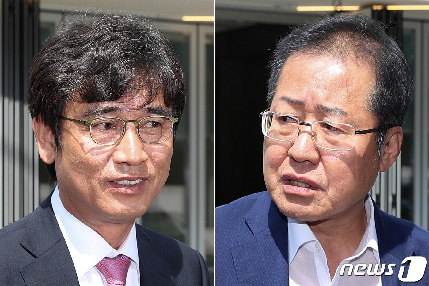 유시민 노무현재단 이사장(왼쪽)과 홍준표 전 자유한국당 대표가 3일 오전 유튜브 토론 '홍카레오(홍카콜라+알릴레오)' 녹화를 위해 서울 강남구의 한 스튜디오로 향하고 있다. 2019.6.3/뉴스1 ⓒ News1 신웅수 기자