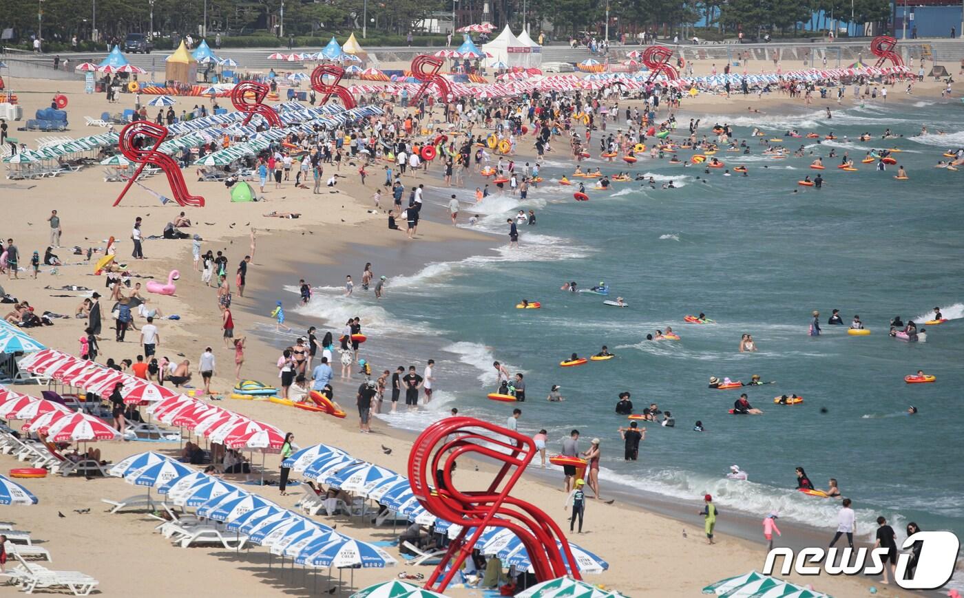 본문 이미지 - 부산 해운대해수욕장을 찾은 관광객들이 물놀이를 즐기고 있다. 2019.7.12/뉴스1 ⓒ News1 여주연 기자