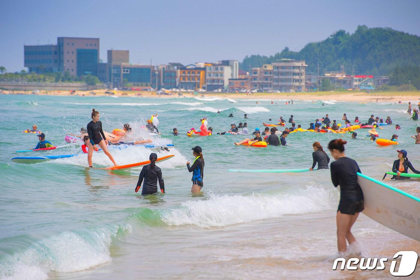 본문 이미지 - 강원도 고성군 죽왕면 삼포해변에서 열린 ‘미드나잇 피크닉 페스티벌’ 서핑축제에서 서퍼들이 즐거운 시간을 보내고 있다. (고성군 제공) ⓒ News1 고재교 기자