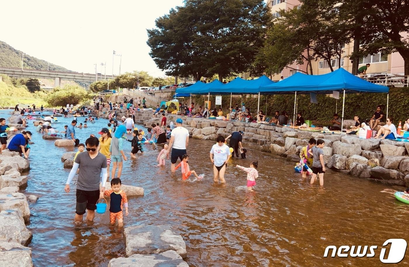 본문 이미지 - 광주 동구 용산동 동산타워 주변 '광주천 물놀이장' 모습.(광주시 제공)2019.7.18 /뉴스1 ⓒ News1 