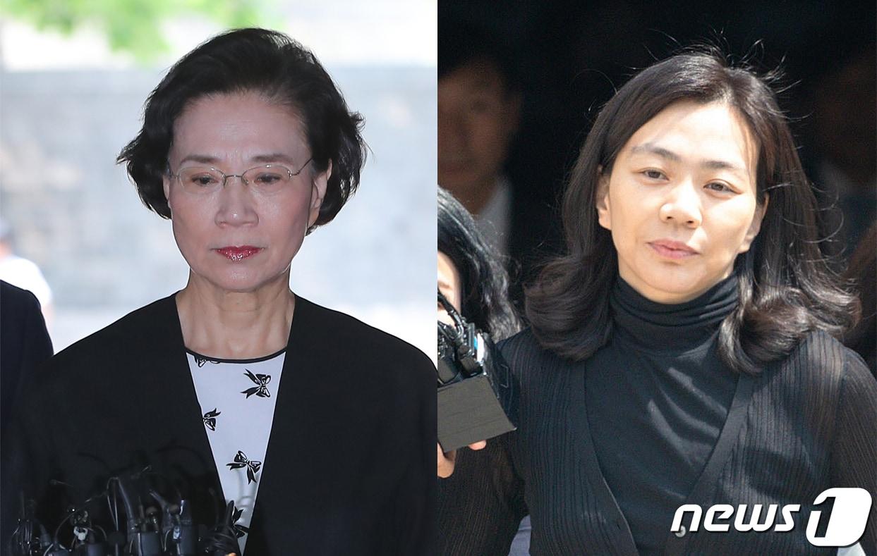 본문 이미지 - 필리핀 가사도우미를 불법 고용한 혐의로 재판에 넘겨진 고(故) 조양호 한진그룹 회장의 부인 이명희 전 일우재단 이사장(왼쪽)과 딸 조현아 전 대한항공 부사장이 2일 오후 서울 서초구 서울중앙지법에서 열린 1심 선고공판을 마친 뒤 법원을 나서고 있다. 이날 공판에서 이명희 전 이사장은 징역 1년6월에 집행유예 3년을, 조현아 전 부사장은 징역 1년에 집행유예 2년, 벌금 2천만원을 선고받았다. 2019.7.2/뉴스1 ⓒ News1 구윤성 기자