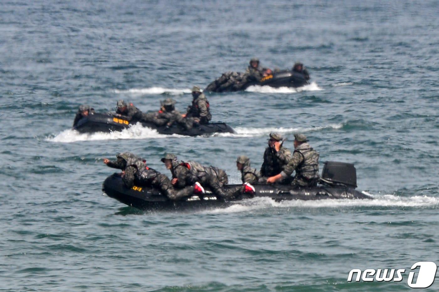 본문 이미지 - 경북 포항시 흥해읍 해안에서 상륙기습훈련을 하는 해병대 1사단 장병들. /뉴스1