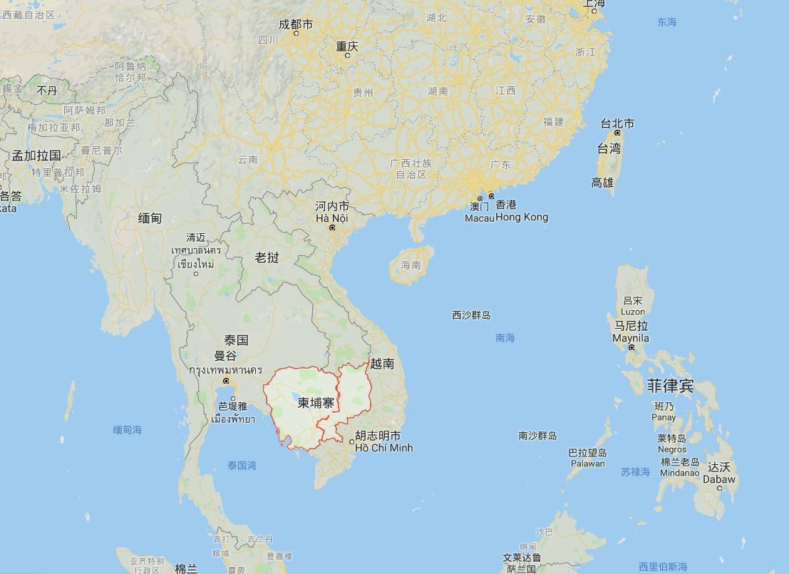 본문 이미지 - 캄보디아 위치도, 빨간 실선 부분이 캄보디아 - 구글 갈무리