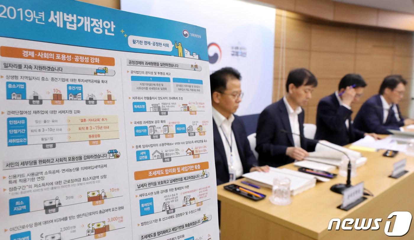 본문 이미지 - 22일 정부세종청사 기재부 브리핑실에서 2019년 세법개정안 브리핑이 진행되고 있다. 기재부는 '함께 잘 사는 혁신적 포용국가 기반 구축을 위한 세재개편'이라는 비전과 함께 경제활력 회복 및 혁신성장 지원, 경제·사회의 포용성·공정성 강화, 조세제도 합리화 및 세입기반 확충 등의 기본 방향을 세웠다. 2019.7.25/뉴스1 ⓒ News1 장수영 기자