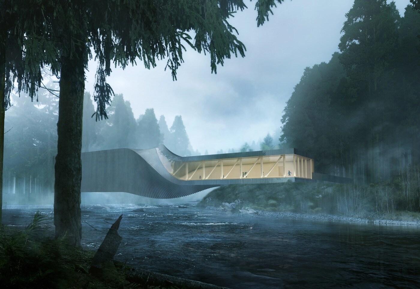 강 위에 휘어진 전시관 더 트위스트. 노르웨이관광청 제공 