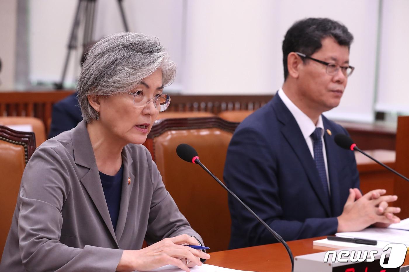 본문 이미지 - 강경화 외교부 장관이 30일 오전 서울 여의도 국회에서 열린 외교통일위원회 전체회의에서 의원들의 질의에 답하고 있다. 2019.7.30/뉴스1 ⓒ News1 임세영 기자