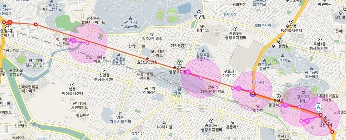 본문 이미지 - 최근 광주 북구 서암대로~필문대로 구간에서 2개월 사이 5건의 교통 사망사고가 발생했다. 동그라미는 사고가 발생한 5개 지점. 2019.8.22 /뉴스1