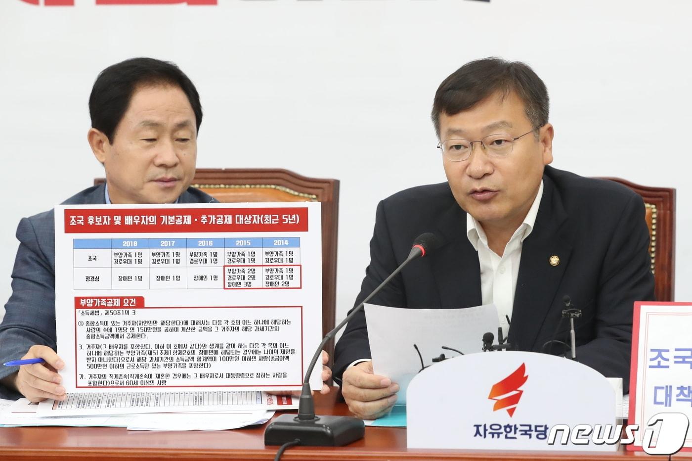 정점식 자유한국당 의원이 23일 서울 여의도 국회에서 열린 조국 인사청문회 대책TF 회의에서 조국 법무부 장관 후보자 및 배우자의 기본공제·추가공제 대상자 최근 5년치를 공개하고 있다. 2019.8.23/뉴스1 ⓒ News1 임세영 기자