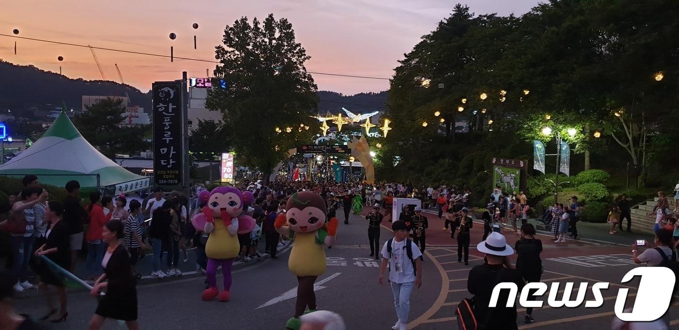 본문 이미지 - 31일 전북 무주군에서 제23회 반딧불축제가 개막됐다. 주민들이 반딧불이와 함께 기념식장에 입장하고 있다.2019.8.31ⓒ 뉴스1