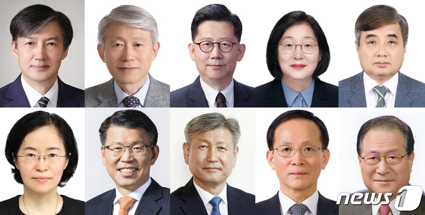 본문 이미지 - 문재인 대통령이 9일 8개 부처 개각을 포함한 장관급 인사 10명에 대한 인사를 단행했다. 윗줄 왼쪽부터 법무부 장관 후보자로 내정된 조국 전 청와대 민정수석, 과학기술정보통신부 장관 후보자로 내정된 최기영 서울대 공대 교수, 농림축산식품부 장관 후보자로 내정된 김현수 전 농림부 차관, 여성가족부 장관 후보자로 내정된 이정옥 대구가톨릭대 사회학과 교수, 방송통신위원회 위원장 후보자로 내정된 한상혁 변호사(민주언론시민연합 공동대표), 아랫줄 왼쪽부터 공정거래위원회 위원장 후보자로 내정된 조성욱 서울대 교수, 금융위원회 위원장 후보자로 내정된 은성수 수출입은행장, 국가보훈처 처장 후보자로 내정된 박삼득 전쟁기념사업회 회장, 주미합중국대사관 특명전권대사 내정된 더불어민주당 이수혁 의원. 민주평화통일자문회의 수석부의장에 내정된 정세현 전 통일부 장관. (청와대 제공)2019.8.9/뉴스1