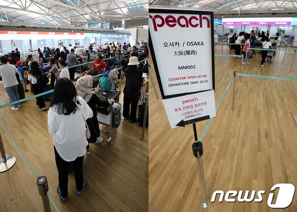 본문 이미지 - 추석 연휴를 앞둔 10일 오전 인천국제공항 출국장이 관광객으로 붐비는 모습(왼쪽)과 계속되는 일본 불매운동 여파로 한산한 모습의 일본행 수속장이 대비를 이루고 있다. 2019.9.10/뉴스1 ⓒ News1 박세연 기자