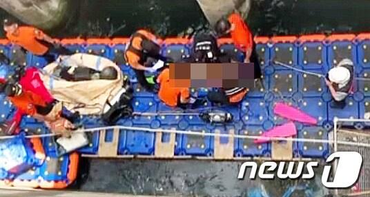 본문 이미지 - 15일 낮 12시4분쯤 제주시 삼양1동 한국중부발전 제주화력발전소 앞 해상에서 물놀이를 하던 정모씨(38·서울)가 발전소 냉각용 취수구에 빨려 들어갔다는 신고가 119에 접수돼 신고를 받고 출동한 소방과 해경이 구조작업을 벌이고 있다.(제주도소방안전본부 제공) 2019.9.15 /뉴스1 ⓒ News1