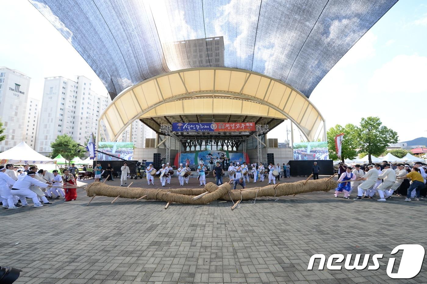 본문 이미지 - 충북 음성군의 대표 축제인 제38회 설성문화제와 제24회 음성청결고추축제가 ‘꿈·미래·행복을 위한 전통과 현대의 조화’를 주제로 지난달 28일부터 31일까지 음성읍 설성공원 일원에서 개최됐다. 사진은 음성의 민속 문화 조사보고서를 토대로 복원된 ‘각골 줄다리기’.ⓒ 뉴스1