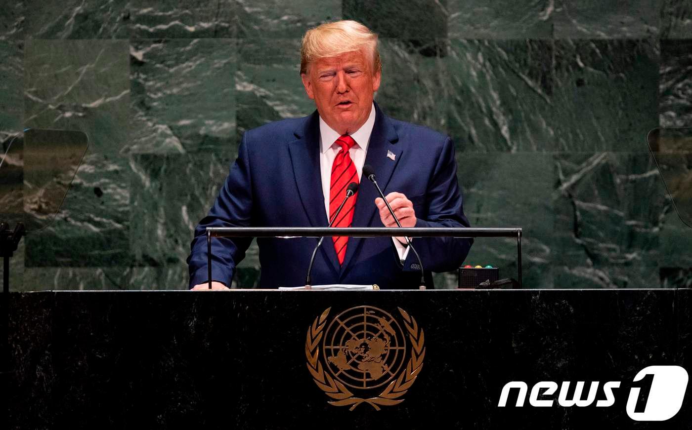 도널드 트럼프 미국 대통령이 2018년 뉴욕 유엔본부에서 열린 유엔총회서 연설을 하고 있다.&lt;자료사진&gt; ⓒ AFP=뉴스1 ⓒ News1 우동명 기자