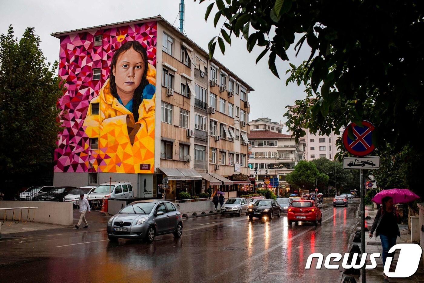 터키 이스탄불에 있는 한 아파트 벽면에 그려진 그레타 툰베리 그림 <자료사진>  ⓒ AFP=뉴스1