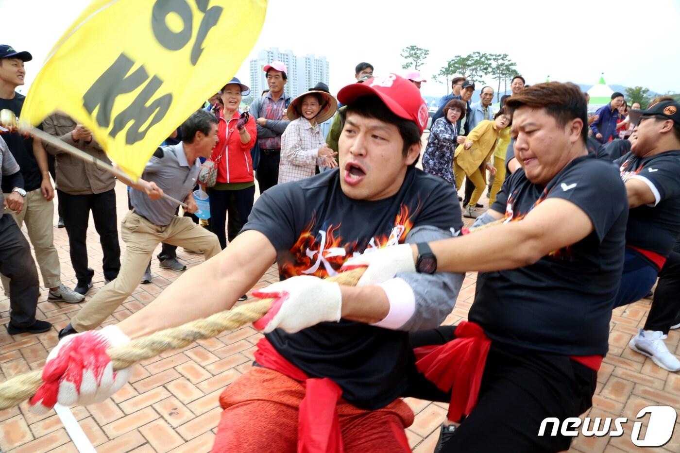본문 이미지 - 27일 경북 영천시 강변공원에서 열린 제46회 영천문화예술제에서 각 읍·면·동 대표들이 줄다리기 대회를 하고 있다. .2019.9.27/뉴스1 ⓒ News1 정우용 기자