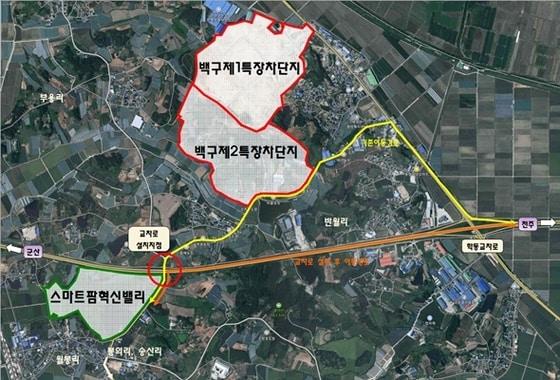 본문 이미지 - 국토부 6단계 기본계획에 반영된  김제 백구일반산업단지 진입로인 국도 21호선과 지방도 735호선 연결교차로 표시도. /ⓒ 뉴스1