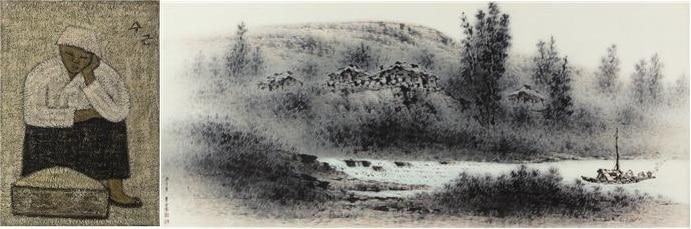 본문 이미지 - (왼쪽부터)박수근, 소금장수, 1956, 보드에 유채, 34.5x25㎝, 청전 이상범, 하경산수, 1966, 종이에 수묵담채, 178x77㎝.(가나문화재단 제공)ⓒ 뉴스1