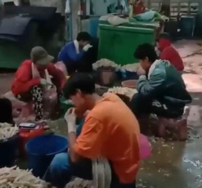 본문 이미지 - 태국의 닭가공 공장 근로자들이 입으로 생닭을 다듬고 있다. <페이스북  동영상 캡처> 