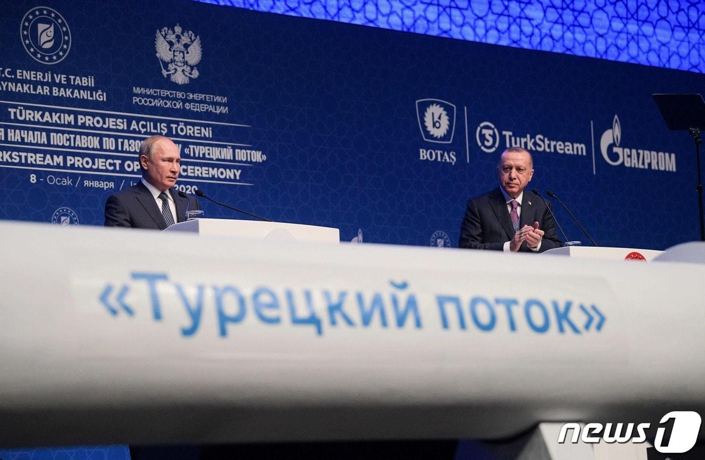 본문 이미지 - 블라디미르 푸틴 러시아 대통령이 이스탄불에서 열린 '투르크스트림' 가스관 개통식에 레제프 타이이프 에르도안 터키 대통령과 참석하고 있다. ⓒ AFP=뉴스1