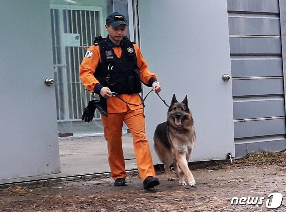 본문 이미지 - 지난 8일 은퇴한 인명구조견 대담과 오문경 핸들러 ⓒ 뉴스1 최서윤 기자