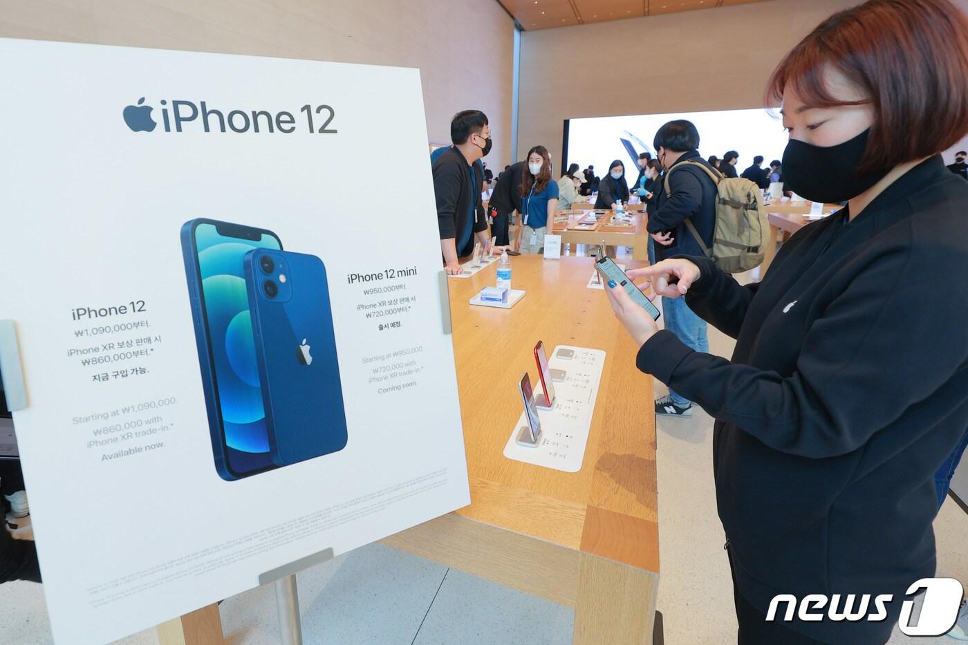 본문 이미지 - 애플의 첫 5G 스마트폰 아이폰12 시리즈가 한국에 공식 출시한 30일 오전 서울 강남구 '애플스토어 가로수길'에서 직원이 제품을 소개하고 있다. 2020.10.30/뉴스1 ⓒ News1 김진환 기자