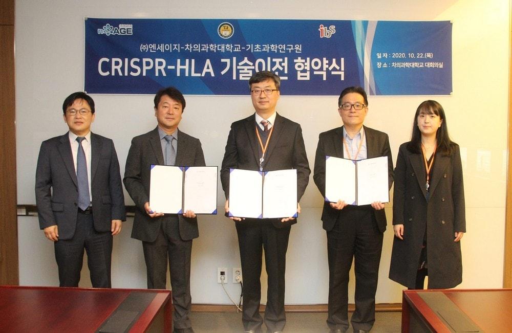 본문 이미지 - (사진 왼쪽부터) 황동연 차 의과학대학교 교수, 이봉희 엔세이지 대표이사, 양영덕 차 의과학대학교 연구부처장, 이윤구 산학협력단 팀장, 이은주 주임이 기술이전 협약 체결 후 기념 촬영을 하고 있다.( 사진제공=차 의과대학교)ⓒ 뉴스1