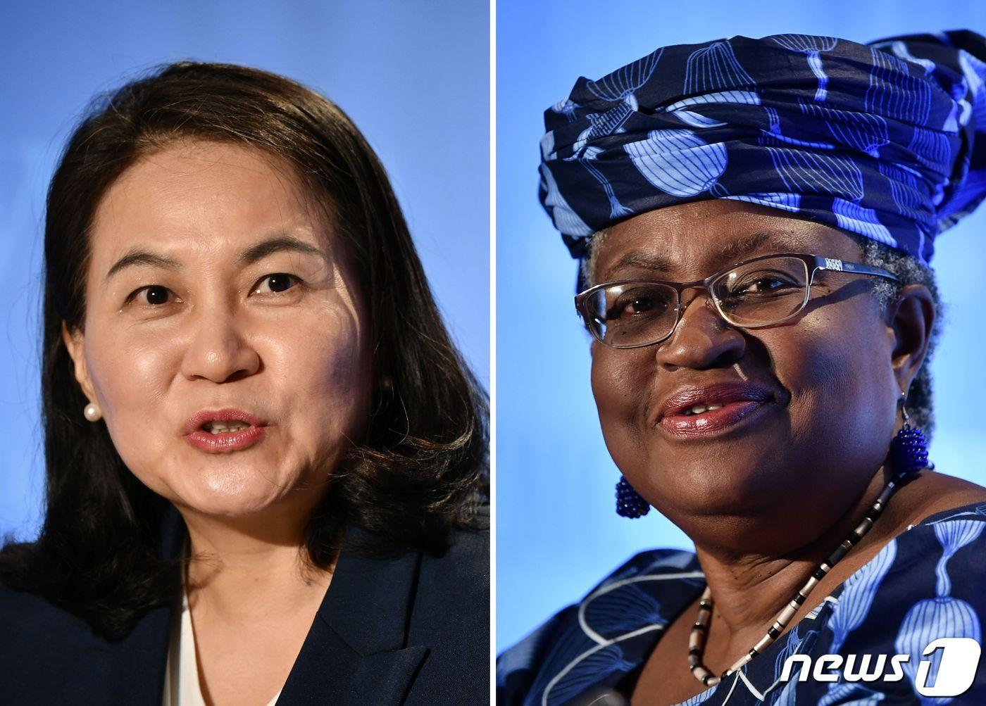 본문 이미지 - 유명희 산업통상자원부 통상교섭본부장이 세계무역기구(WTO) 사무총장 선거에서 최종 라운드에 진출했다고 블룸버그 통신이 소식통을 인용해 7일(현지시간) 보도했다.  본부장과 함께 결선에 진출한 후보는 나이지리아의 응고지 오콘조-이웰라(오른쪽) 후보다.  ⓒ AFP=뉴스1 ⓒ News1 이동원 기자