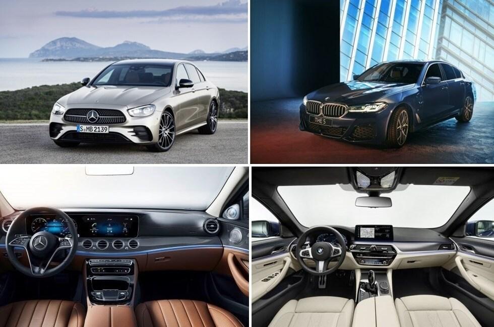본문 이미지 - 메르세데스-벤츠 뉴 E 클래스(왼쪽), BMW 뉴 5시리즈, 내외 디자인ⓒ 뉴스1