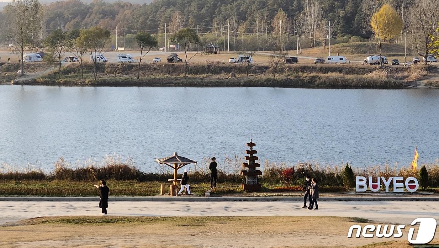 본문 이미지 - 충남 부여군 구드래선착장 인근을 걷는 시민들과 강 건너 칠지공원에 세워둔 캠핑카들. 2020.11.07/ⓒ 뉴스1