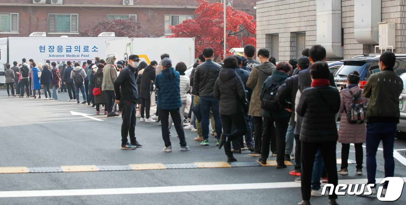 15일 오전 서울 중구 국립중앙의료원 신종 코로나바이러스 감염증(코로나19) 선별진료소에 시민들이 길게 줄 서 있다. /뉴스1 ⓒ News1 안은나 기자