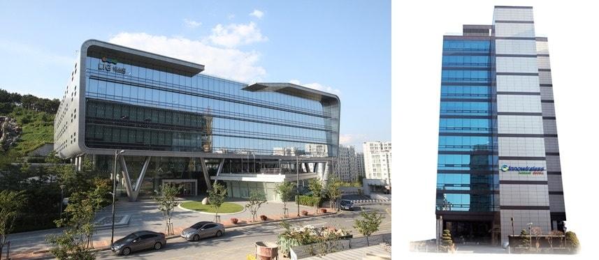 본문 이미지 - LIG넥스원 판교 R&D센터(왼쪽) 이노와이어리스 본사 전경(LIG넥스원 제공)ⓒ 뉴스1