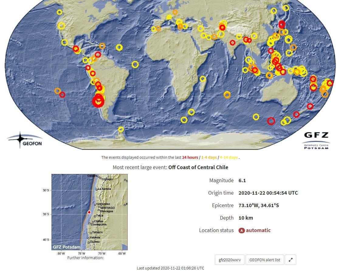 본문 이미지 - 남아메리카 칠레 중부 해안에서 규모 6.1 지진이 발생했다. <출처=포츠담독일연방지질연구원>