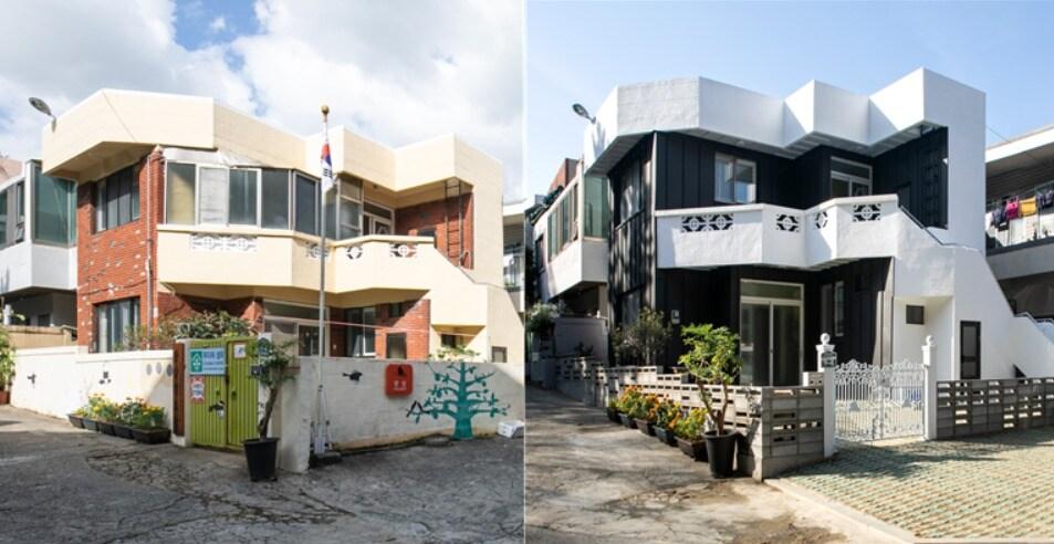 본문 이미지 - '광삼 경로당'의 시공 전(왼쪽)과 시공 후의 외관 모습./사진제공=HUGⓒ 뉴스1